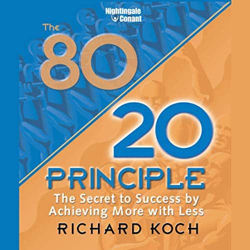 Cover of the book "The 80/20 Principle: The Secret to Success by Achieving More with Less" by Richard Koch. The background is a mix of blue and beige hues with the title and author's name in bold text.