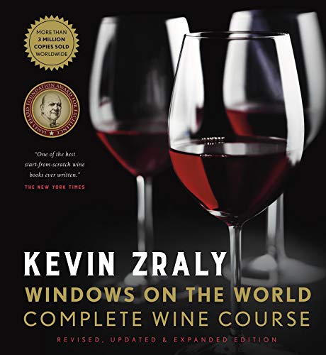 Cover of the book "Windows on the World Complete Wine Course" by Kevin Zraly, featuring an image of three glasses of red wine. The cover mentions over 3 million copies sold worldwide.