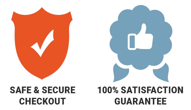 An orange shield with a checkmark and the text "Safe & Secure Checkout" is on the left. On the right, a blue shape with a thumbs-up icon and the text "100% Satisfaction Guarantee.