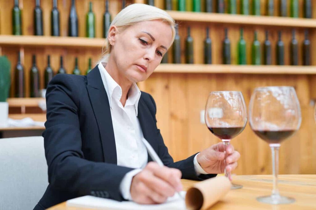 A woman with blonde hair is seated, holding a glass of red wine in one hand and writing on a notepad with the other. She is wearing a black suit jacket and white shirt. Wine bottles are on shelves behind her.