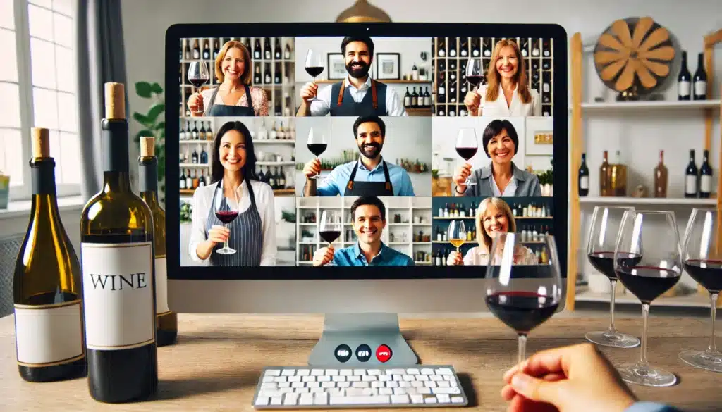 A computer screen displays a video call with nine people holding wine glasses. A hand in the foreground holds a glass of red wine, and two wine bottles are on the left side of the desk.