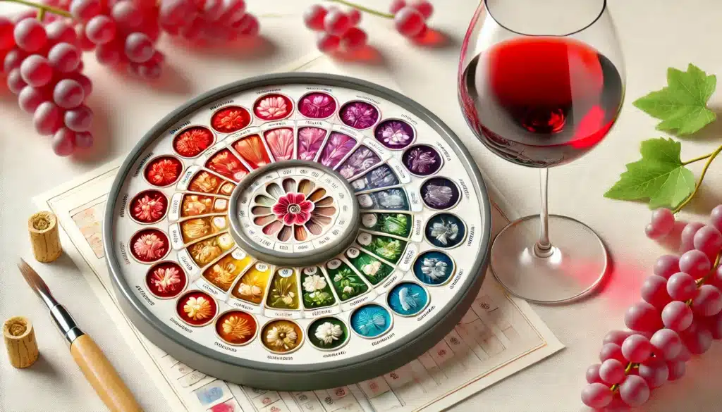 An artist's palette arranged in a circular pattern with various colors, next to a glass of red wine, grapes, and a paintbrush on a canvas sheet.