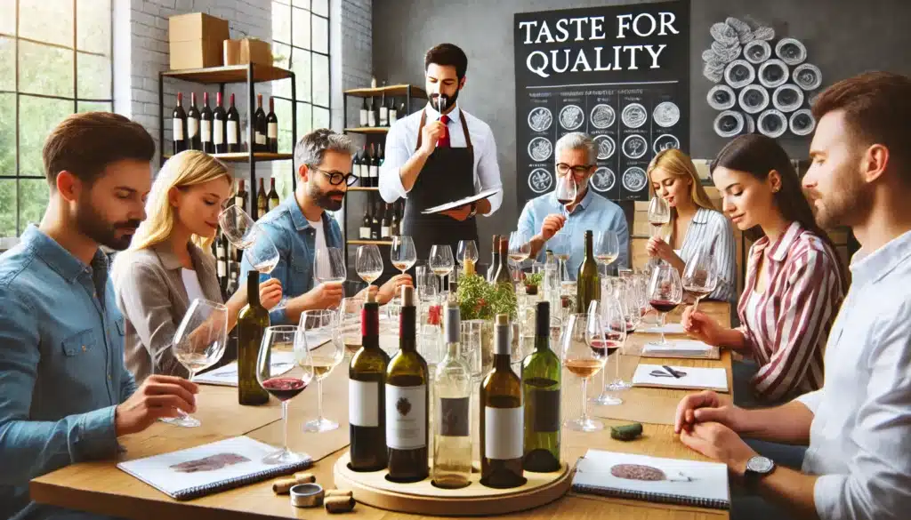 Group of people seated at a table tasting wine, taking notes, with bottles and glasses of wine in front of them. An instructor stands, holding a wine glass, in front of a "Taste for Quality" poster.