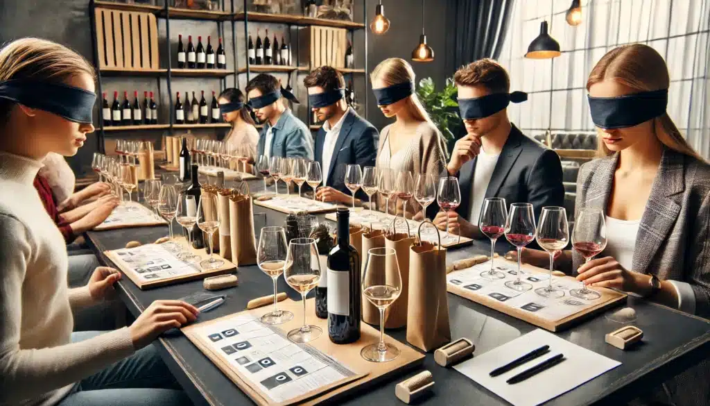 People with blindfolds participate in a wine tasting event, seated at a table with various wine glasses, bottles, and tasting notes in a modern, dimly lit setting.