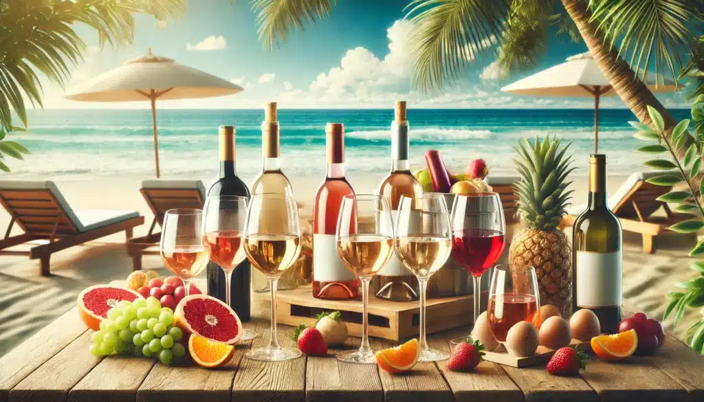 An assortment of wine bottles and glasses, various fruits, and eggs are displayed on a wooden table set on a beach with lounge chairs, palm leaves, and umbrellas in the background.