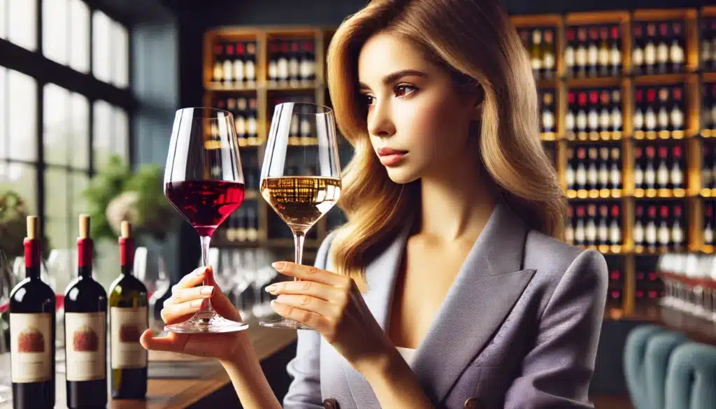 A person in a professional setting holds two wine glasses, one with red wine and the other with white wine, standing in front of shelves filled with wine bottles.