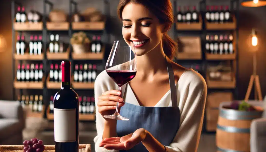 A woman in an apron is holding a glass of red wine and smiling while standing in a wine cellar with shelves of wine bottles in the background.