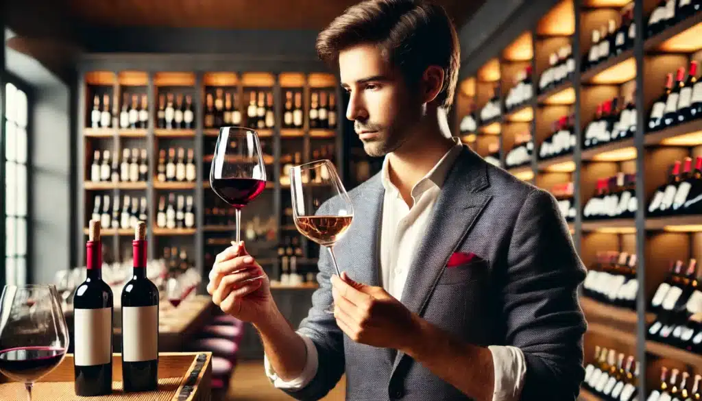 A man in a suit holds a glass of red wine in one hand and a glass of white wine in the other, standing in front of shelves filled with wine bottles at a wine shop.