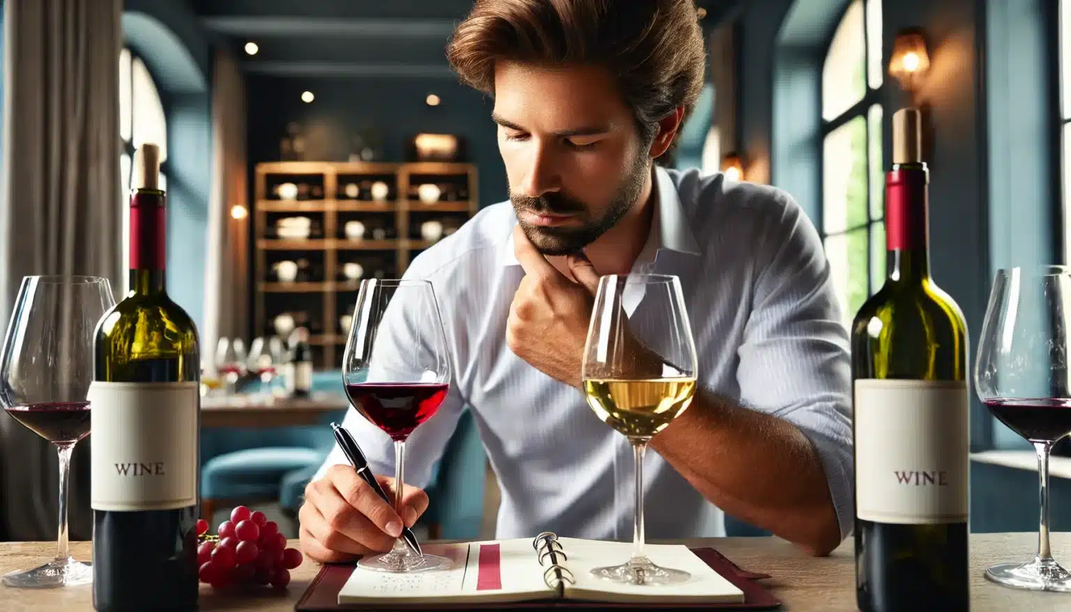 A man seated at a wooden table with wine glasses and bottles, writing in a notebook, as he appears to be concentrating. A cluster of grapes is on the table. Shelves with bottles are in the background.