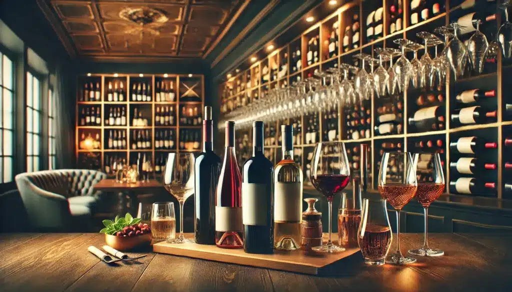 A variety of wine bottles and glasses are arranged on a wooden counter in a dimly lit wine bar with a wall of wine shelves in the background.