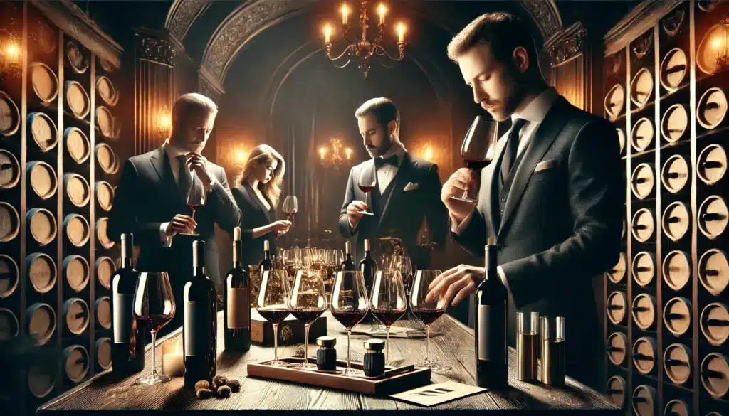 A group of four people dressed in formal attire are sampling wine in an ornate wine cellar with wooden wine racks and warm, dim lighting. They appear to be evaluating the wine's quality.