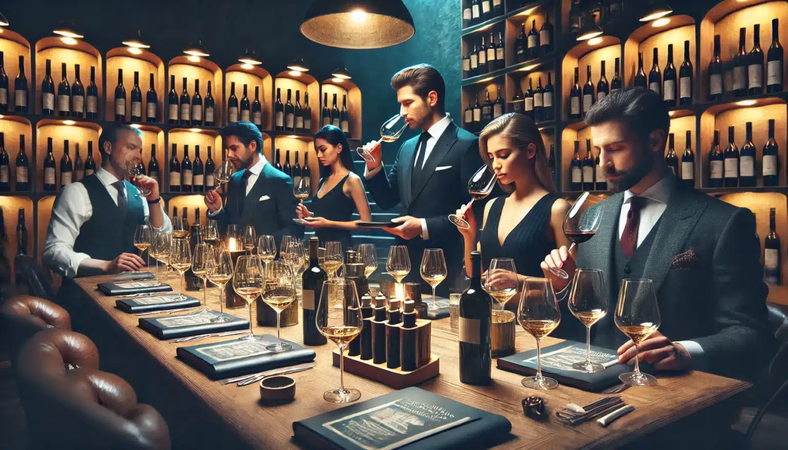 A group of people in formal attire participate in a wine tasting event in a dimly lit room lined with wine bottles. They are seated at a long table set with glasses, bottles, and menus.