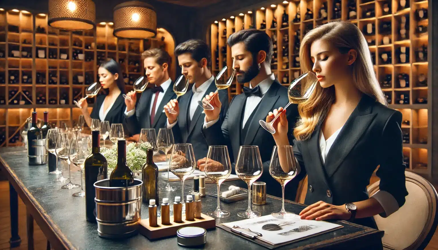 A group of five elegantly dressed individuals engage in wine tasting at a table set with various wine glasses, bottles, and small containers in a dimly lit, sophisticated room with wooden wine racks.