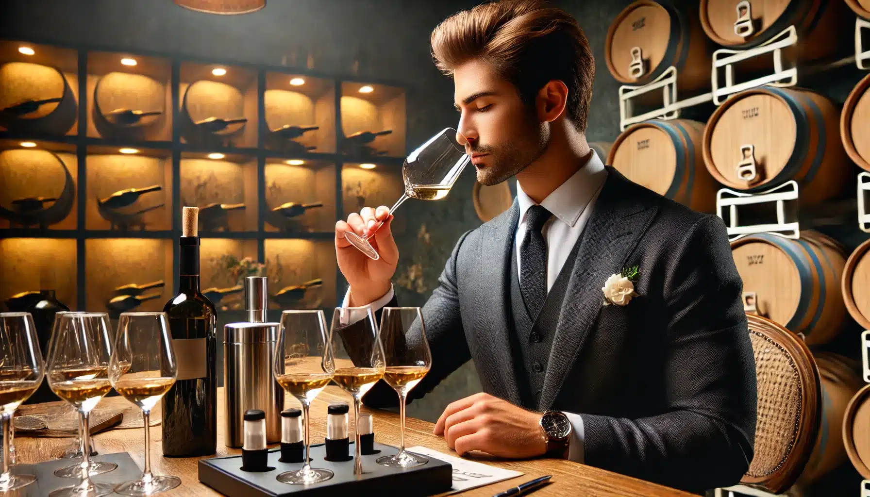 A man in a suit sits at a table with several glasses of wine, conducting a wine tasting in a dimly-lit cellar with barrels and wine bottles on shelves in the background.