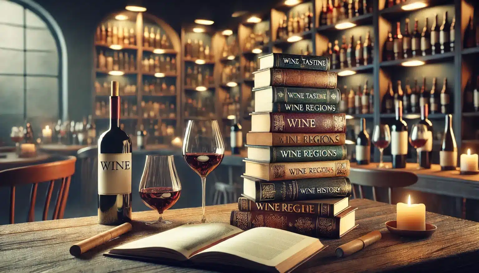 A wooden table with wine books, an open book, wine glasses, a bottle of wine, and a candle. Shelves filled with wine bottles are in the background.