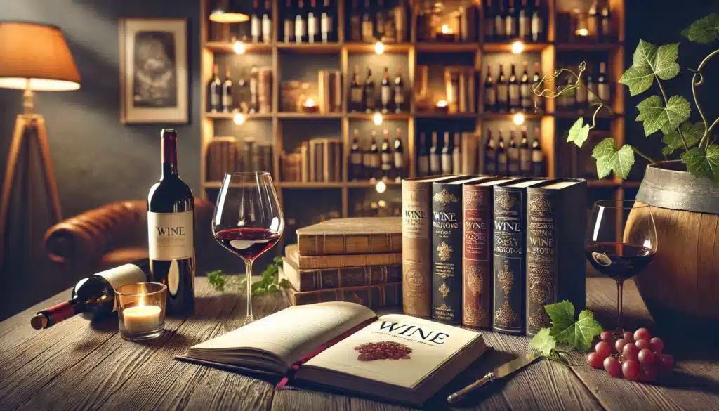 A cozy library with books about wine, wine bottles, and wine glasses on a wooden table. Shelves filled with wines in the background, a lit lamp, and a candle creating a warm ambiance.