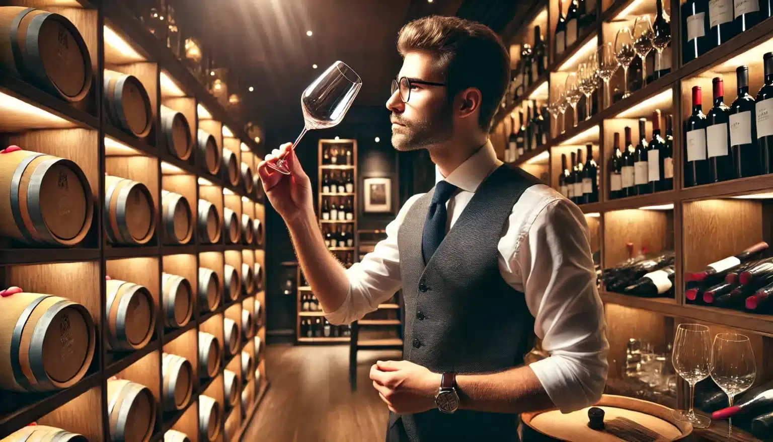 A man in a vest and tie inspects a wine glass in a dimly lit wine cellar with shelves of bottles and barrels.