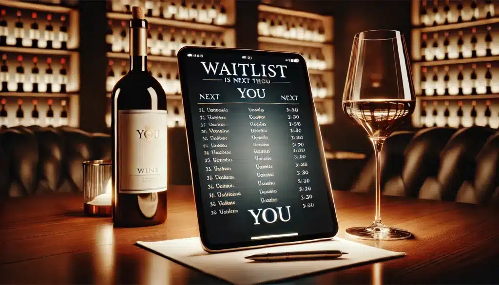 A tablet displaying a waitlist is on a table next to a wine bottle labeled "YOU" and a filled wine glass. The dimly lit background shows shelves filled with more wine bottles.